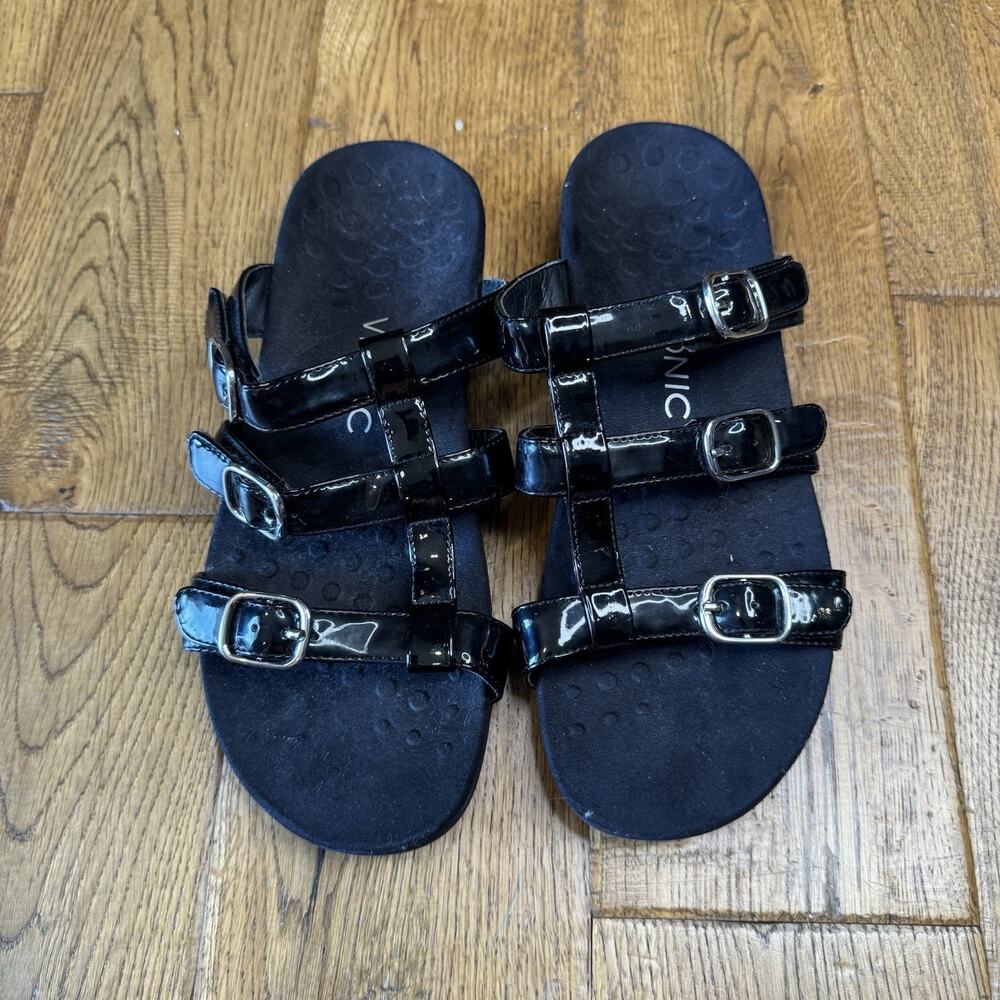 Vionic Misa Sandals US 8 Black Patent Leather 3 Strap Orthaheel Women’s Comfort - Picture 3 of 5